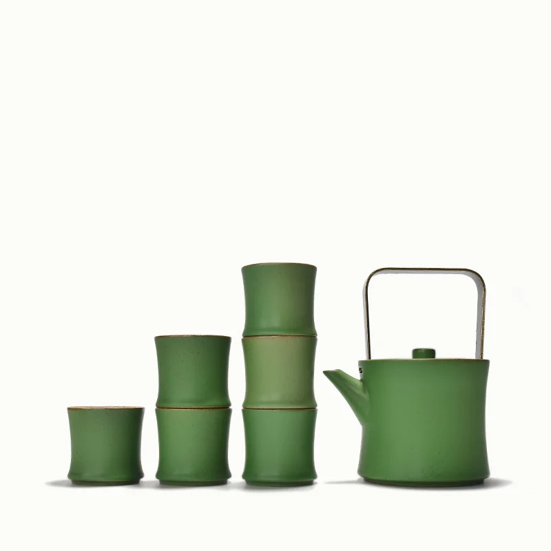 Бесплатная доставка, чайный набор в форме бамбука, зеленая глазурованная керамическая фоточайная принадлежность, 1 чайник, 6 чашек, чайник и...