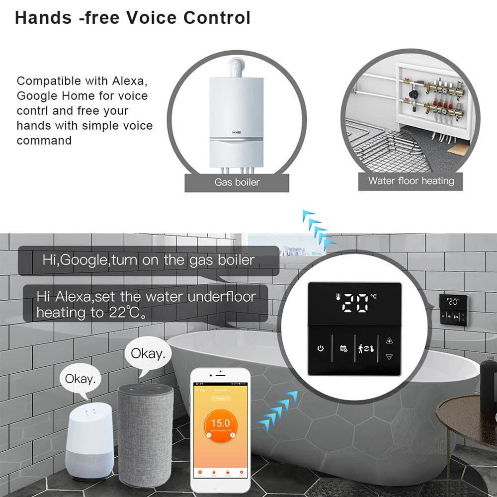 WiFi Smart Thermostat Programmable APP Control Water Floor Heating Water/Gas Boiler Temperature Controller for Google Home/Alexa
WiFi Smart Thermostat Programmable APP Control Water Floor Heating Water/Gas Boiler Temperature Controller for Google Home/Alexa