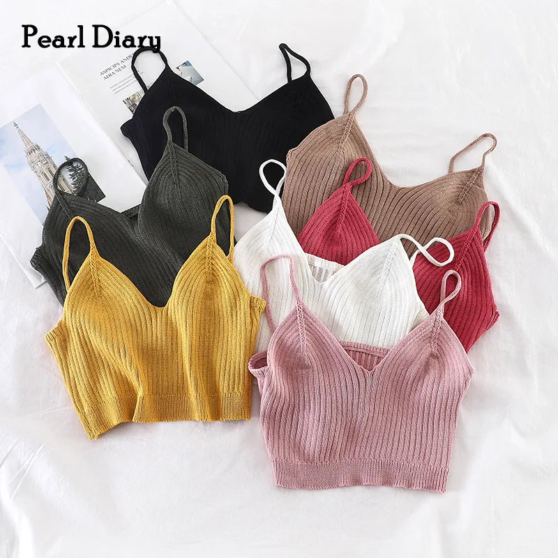 

Pearl Diary Knitted Crop Tops Women Spaghetti топ женский Camis For Women Clothing 2020 Summer V-Neck Backless Strecthy Tops