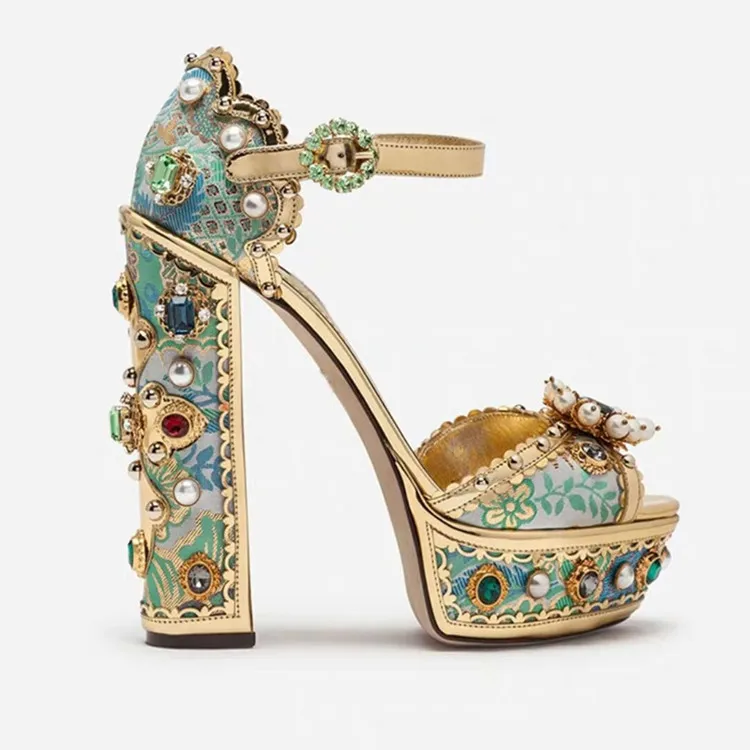 Large size super high heels fashion retro custom rhinestones waterproof platform thick heel baroque fish mouth women's sandals 
Large size super high heels fashion retro custom rhinestones waterproof platform thick heel baroque fish mouth women's sandals