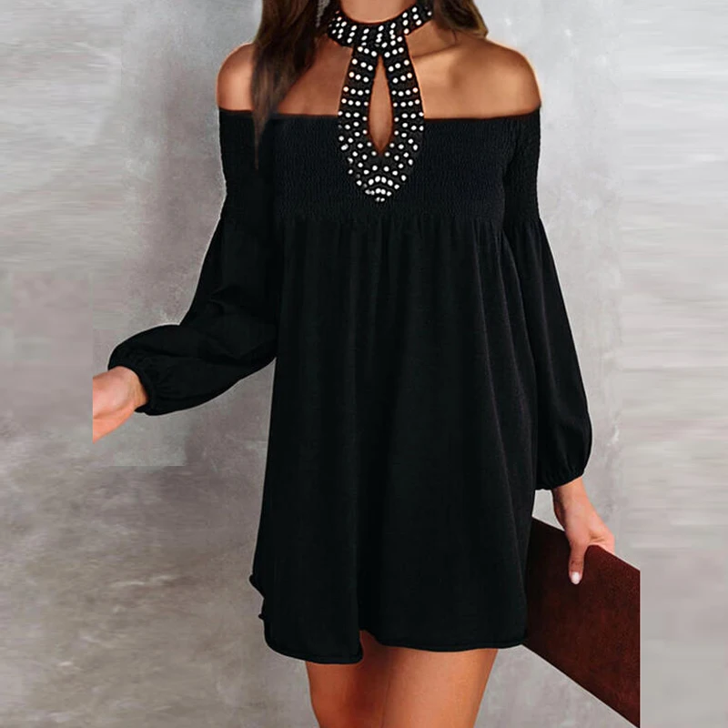 Sexy Hollow Off Shoulder Mini Dress Spring Elegant Women's Beaded Sling Dress Fashion Long Sleeve Pure Color Loose Dress
Sexy Hollow Off Shoulder Mini Dress Spring Elegant Women's Beaded Sling Dress Fashion Long Sleeve Pure Color Loose Dress