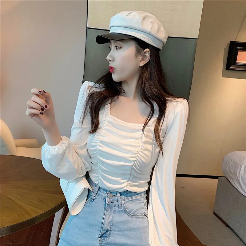 Fall 2020 new short square neck open collarbone long sleeve T-shirt