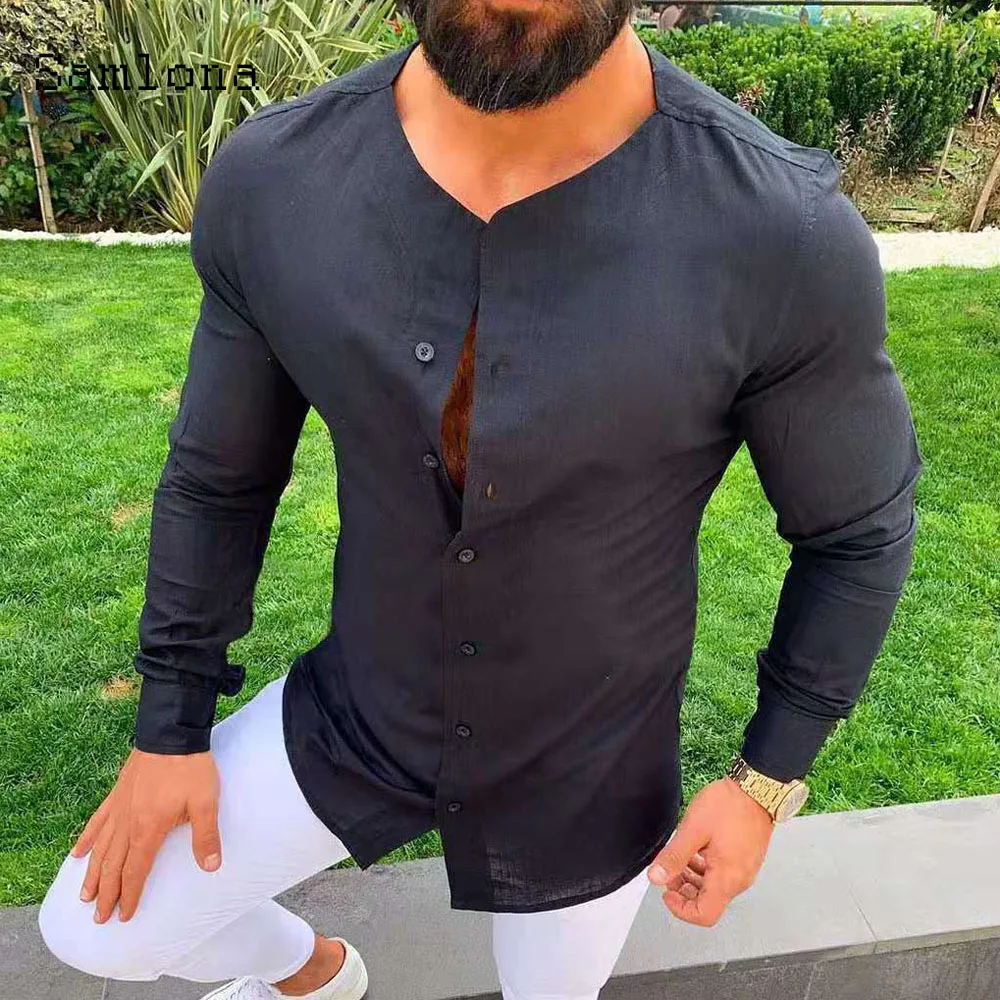 

Fashion Shirt Long Sleeve Blouses Men clothing Summer Casual Top Pullovers Plus Size 3xl Man Collarless Single Breasted shirt