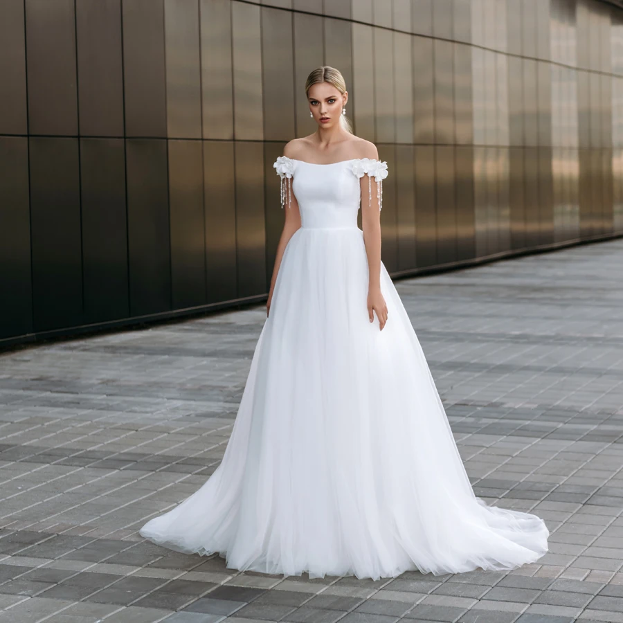 Simple Off the Shoulder Tulle Bridal Gowns Handmade Flower Beadings A-line Wedding Dresses vestido de noiva 2020
Simple Off the Shoulder Tulle Bridal Gowns Handmade Flower Beadings A-line Wedding Dresses vestido de noiva 2020