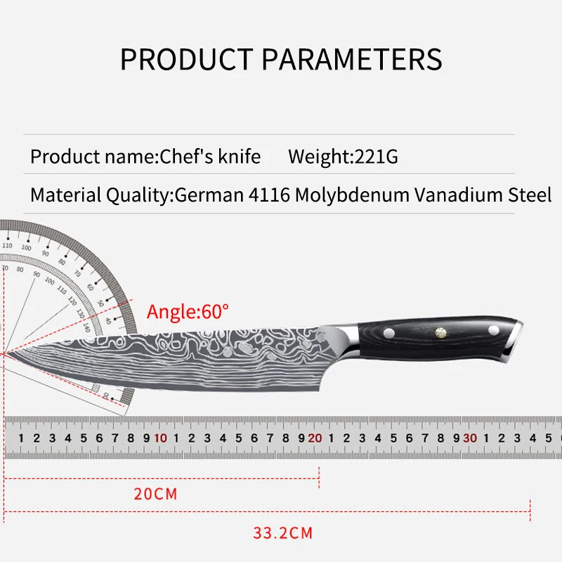 German 4116 8 inch chef knife Chef Knife Damascus Steel Pattern Kitchen knives Cleaver Paring Santoku Knves Slicing Knives Parin
German 4116 8 inch chef knife Chef Knife Damascus Steel Pattern Kitchen knives Cleaver Paring Santoku Knves Slicing Knives Parin