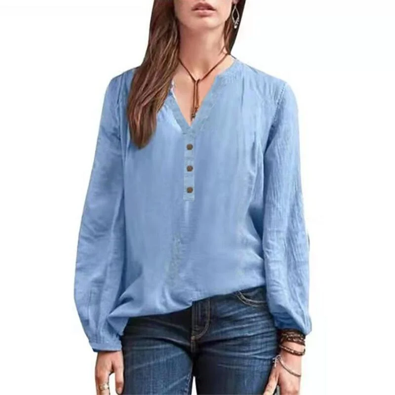 Women Spring New Vintage Solid Color V-Neck Tshirts Casual Loose Long Sleeve Button Tops Ladies Comfortable Pullover Shirts
Women Spring New Vintage Solid Color V-Neck Tshirts Casual Loose Long Sleeve Button Tops Ladies Comfortable Pullover Shirts