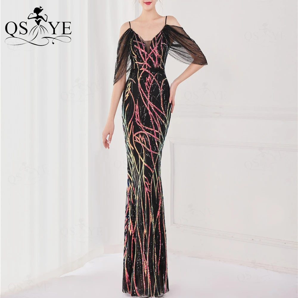 Colorful Black Prom Dresses Mermaid Sequin V neck Evening Gown Spaghetti Straps Formal Party Bead Bat Sleeves Black Chic Gown
Colorful Black Prom Dresses Mermaid Sequin V neck Evening Gown Spaghetti Straps Formal Party Bead Bat Sleeves Black Chic Gown