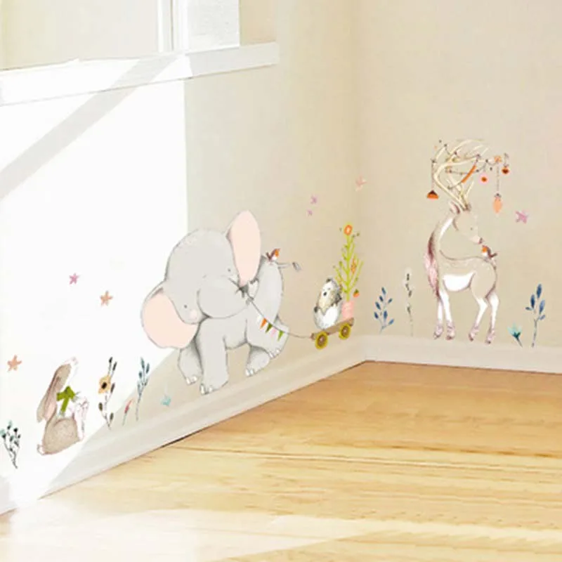 Cartoon Forest Flowe Elephant Rabbit Giraffe Animal Wall Stickers Kids Room Decoration Vinyl Wallpaper Baby Bedroom Decals | Дом и сад
