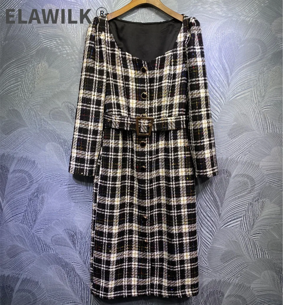 Autumn Women's High quality Belt plaid tweed dress Chic elegant square collar long sleeves dress C728
Autumn Women's High quality Belt plaid tweed dress Chic elegant square collar long sleeves dress C728