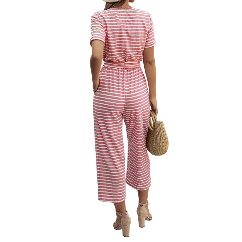 2020 New Women's Summer Short Sleeve V Neck Striped Casual Loose Jumpsuits with Pocket 
2020 New Women's Summer Short Sleeve V Neck Striped Casual Loose Jumpsuits with Pocket