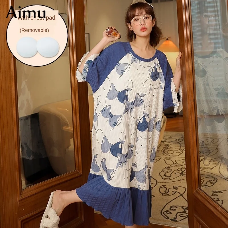 Summer Loose Leisure Womens Nightdress Beautiful Cotton Nightgown for Women Girl printed Sleepwear with Chest Pad Fashion Design
Summer Loose Leisure Womens Nightdress Beautiful Cotton Nightgown for Women Girl printed Sleepwear with Chest Pad Fashion Design