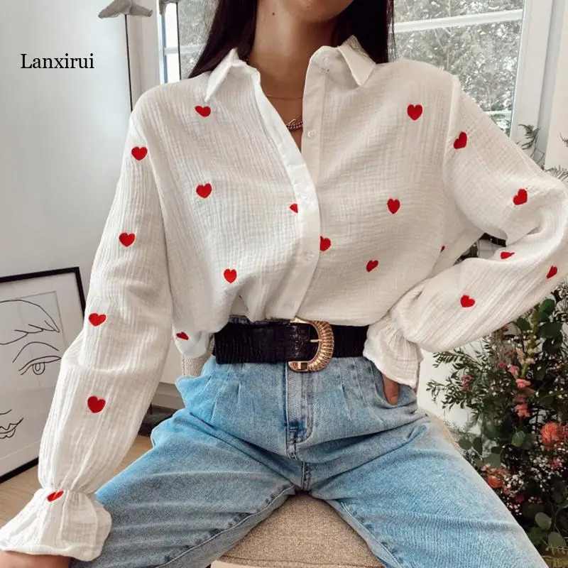 Fashion New Casual Turn Down Collar Blouses Women Elegant Long Sleeve Shirts Women Red Heart Embroidery Tops Ladies
Fashion New Casual Turn Down Collar Blouses Women Elegant Long Sleeve Shirts Women Red Heart Embroidery Tops Ladies