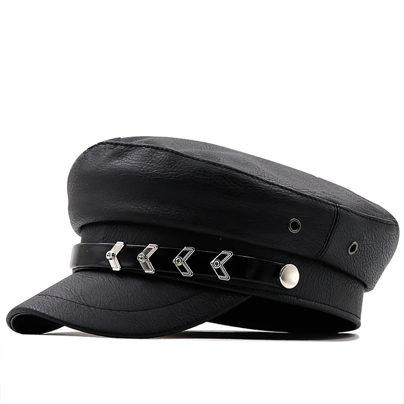 

New Women Flat Topped Bright Pu Leather Beanie Autumn Winter Black Military Hat Girl Beret Fashion Classic Retro Cap