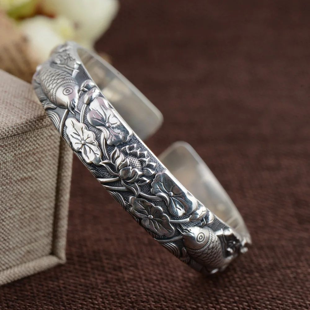 Solid S990 Sterling Silver Cuff Bangles Silver Bracelet Buddhist Heart Sutra Double Fishes Lotus Open Bangles Couple Jewelry
Solid S990 Sterling Silver Cuff Bangles Silver Bracelet Buddhist Heart Sutra Double Fishes Lotus Open Bangles Couple Jewelry
