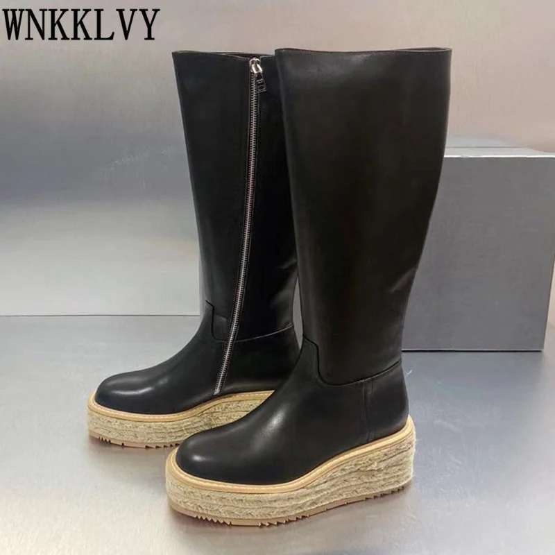 Hemp rope weave thick sole knee high boots women platform wedges heel round toe genuine leather long boots female knight botas
Hemp rope weave thick sole knee high boots women platform wedges heel round toe genuine leather long boots female knight botas