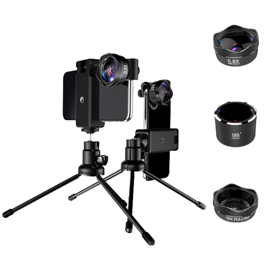 5-в-1 объектив для мобильного телефона Комплект 0.63X Широкий формат 185°Fisheye 15x макро