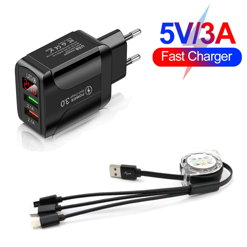 EU/US Plug Fast Charging Adapter Phone Charger Quick Charge Adapter 2 USB Ports Hub QC3.0 3 in 1 Phone Charger Cable LED Display
EU/US Plug Fast Charging Adapter Phone Charger Quick Charge Adapter 2 USB Ports Hub QC3.0 3 in 1 Phone Charger Cable LED Display