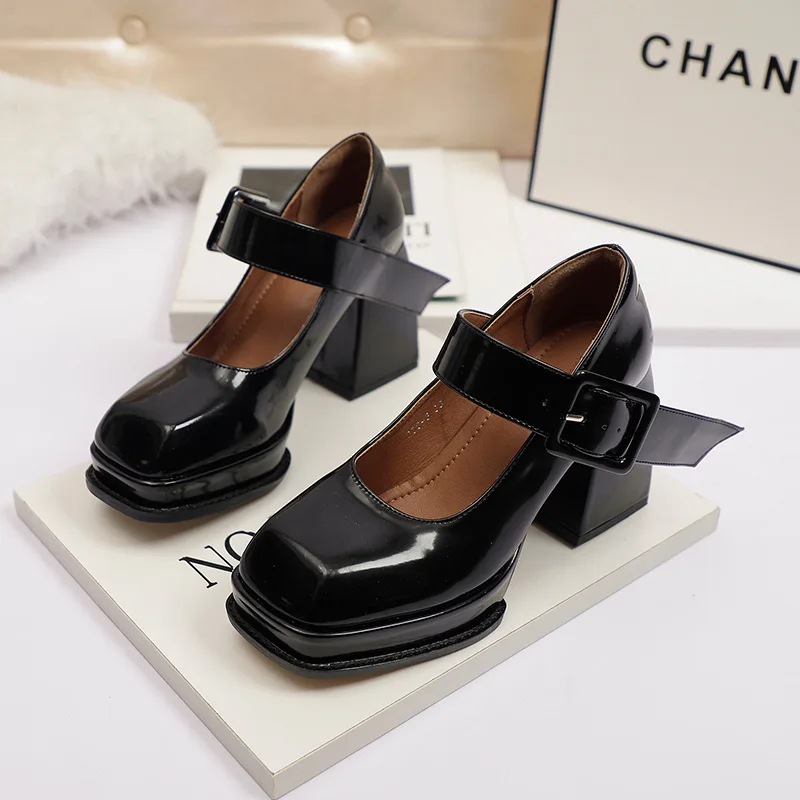 

Women High Heel Shoes Mary Jane Shoes Thick Heel 2021 New Sexy Platform Microfiber Hepburn Paten Leather Chunky Shoes Lolita