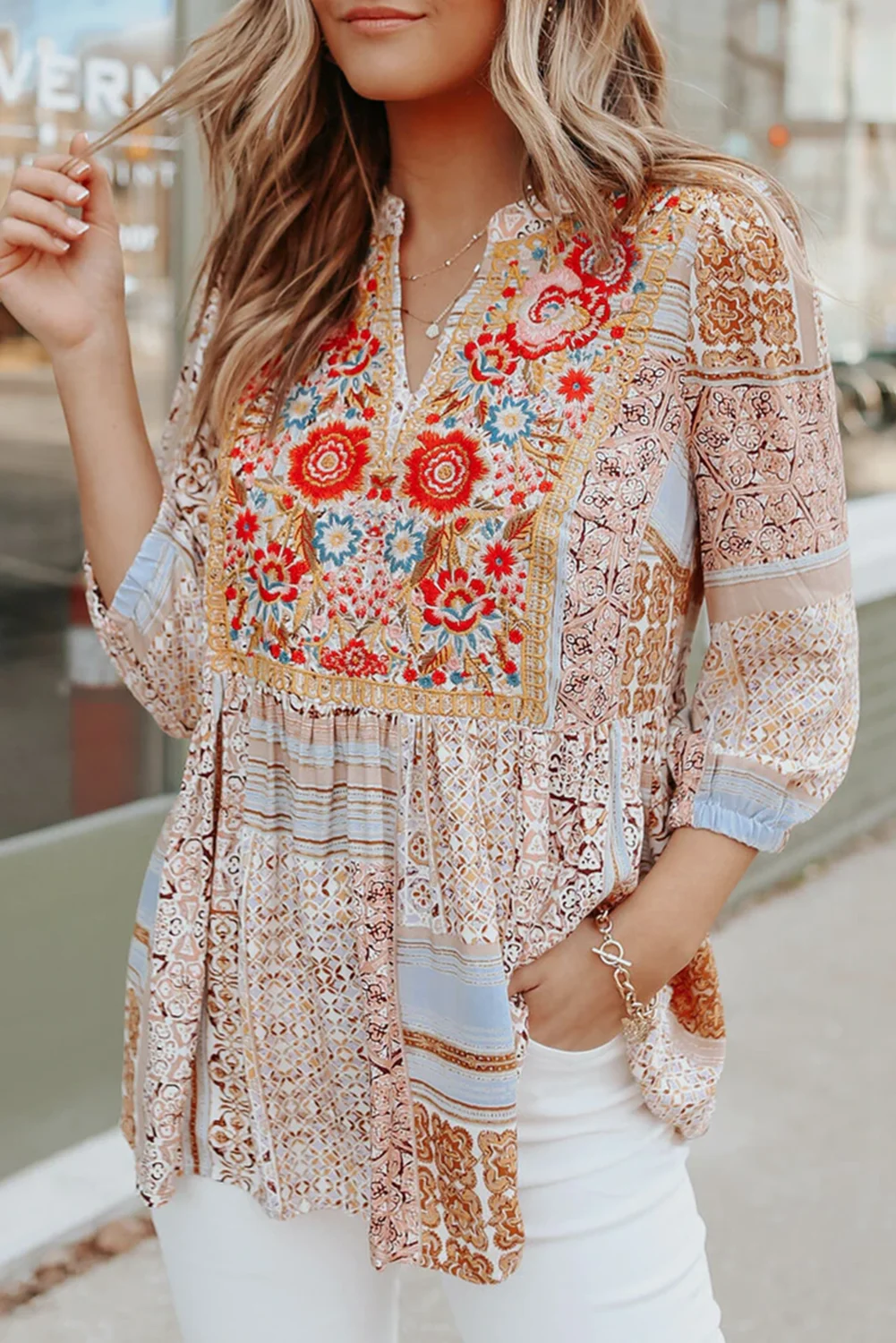 V-Neck Embroidered Boho Babydoll Blouse Top Women Casual 3/4 Sleeve Loose Boho Style Summer Autumn Blouse Tops
V-Neck Embroidered Boho Babydoll Blouse Top Women Casual 3/4 Sleeve Loose Boho Style Summer Autumn Blouse Tops