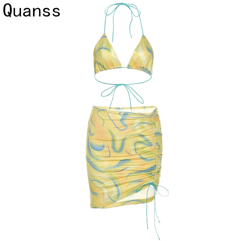 Quanss Summer Beach Outfits Women Bra Top And Skirt Two Piece Set Bikini 2021 Halter String Draw String Print Skirt Bathing Suit
Quanss Summer Beach Outfits Women Bra Top And Skirt Two Piece Set Bikini 2021 Halter String Draw String Print Skirt Bathing Suit