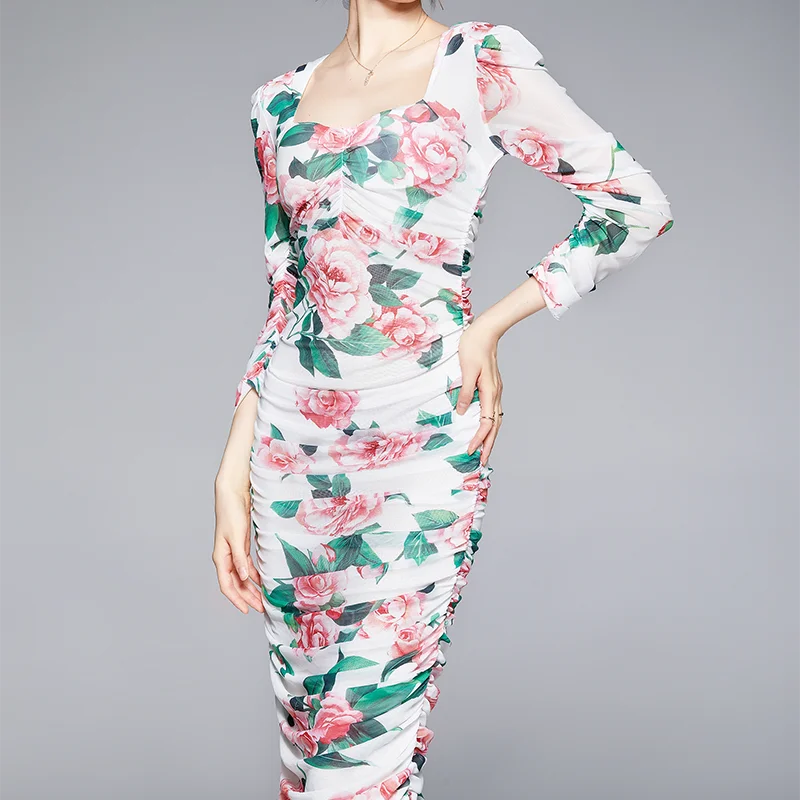 Summer Woman Temperament Mesh Dress Female Casual Flower Print High Quality Vestidos Ladies Sexy Elegant Pleated Bodycon Dress
Summer Woman Temperament Mesh Dress Female Casual Flower Print High Quality Vestidos Ladies Sexy Elegant Pleated Bodycon Dress