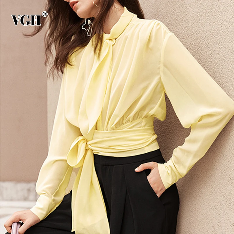 VGH Patchwork Yellow Shirts For Females Bowknot Collar Long Sleeve Lace Up Slimming Minimalist Blouses Women's 2021 Autumn Style
VGH Patchwork Yellow Shirts For Females Bowknot Collar Long Sleeve Lace Up Slimming Minimalist Blouses Women's 2021 Autumn Style
