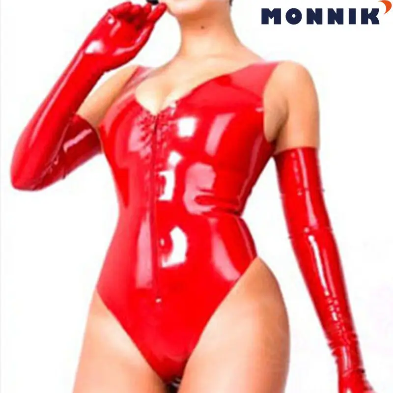 MONNIK латексные сексуальные латексные женские стринги боди резиновое трико с длинными перчатками молния спереди