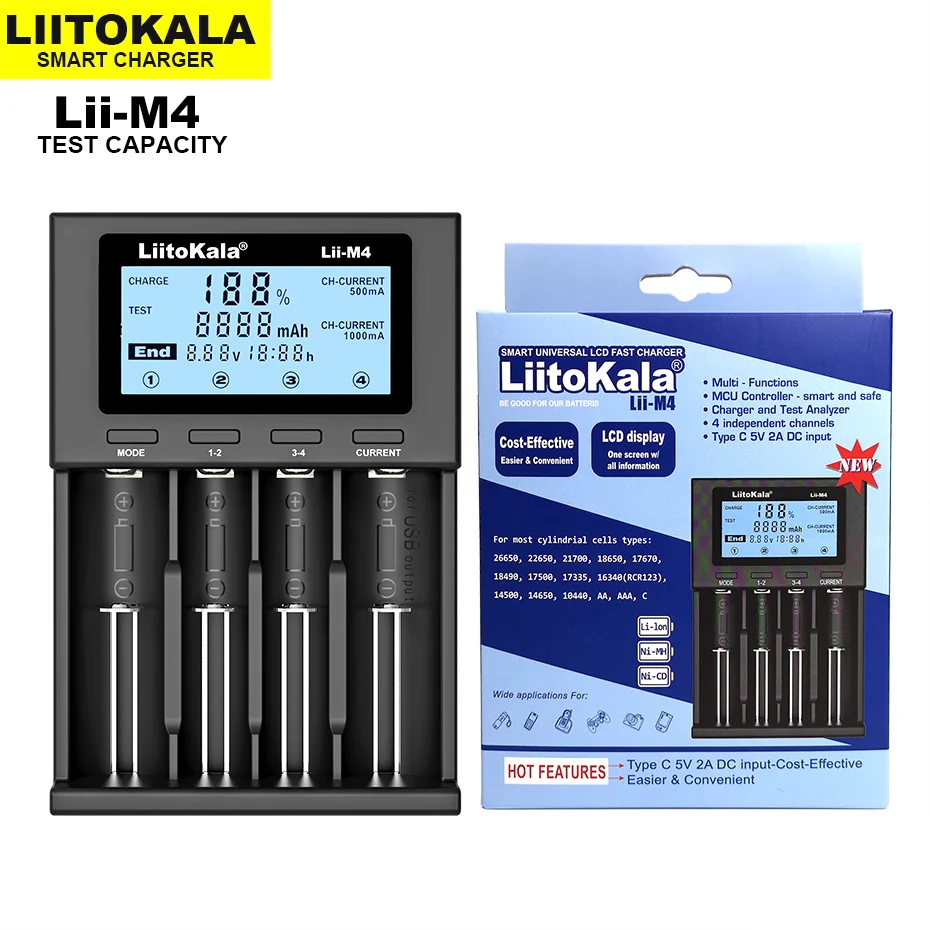 Зарядное устройство LiitoKala Lii-M4 18650, универсальное умное зарядное устройство с ЖК-дисплеем, тестовая емкость для 26650 18650 21700 18500 AA AAA и т. д.
Зарядное устройство LiitoKala Lii-M4 18650, универсальное умное зарядное устройство с ЖК-дисплеем, тестовая емкость для 26650 18650 21700 18500 AA AAA и т. д.