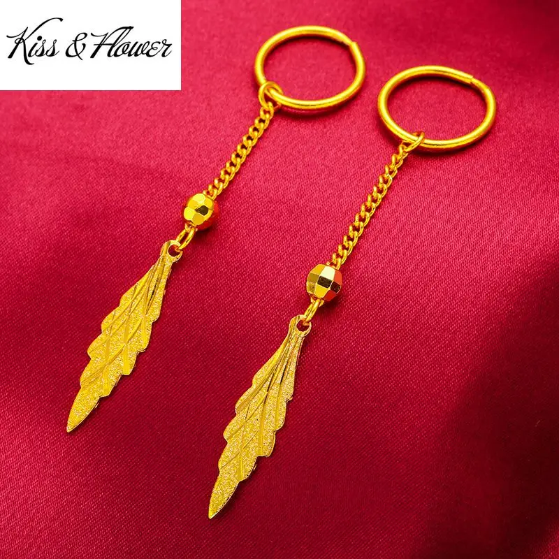 

KISS&FLOWER ER34 Fine Jewelry Wholesale Fashion Woman Girl Birthday Wedding Gift Leaf Tassel Exquisite 24KT Gold Drop Earings