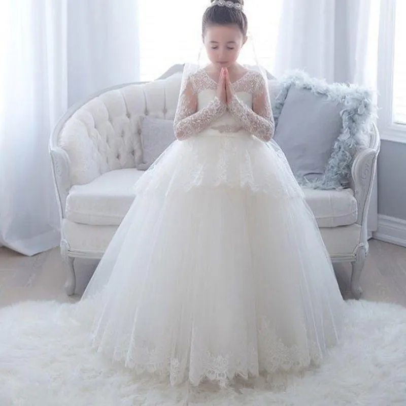 Lace Long Sleeve Flower Girls Dresses 2020 Scoop Ball Gown Princess Little Wedding Party Dress First Communion Gowns | Свадьбы и
