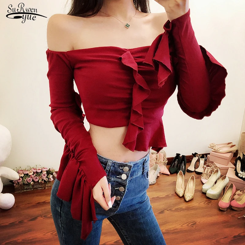 Short Slash Neck Sexy Women Tops Blouses Ruffled Long Sleeve Dames Blouse New Spring Cotton Casual Solid Shirts For Women 12575
Short Slash Neck Sexy Women Tops Blouses Ruffled Long Sleeve Dames Blouse New Spring Cotton Casual Solid Shirts For Women 12575