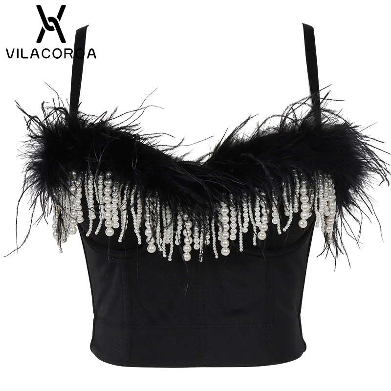 Black Feather Stitching Pearl Tassel Sling Women Corset Camis Party Sexy Tube Top Backless Slim Cropped Tops Bustier Female Vest
Black Feather Stitching Pearl Tassel Sling Women Corset Camis Party Sexy Tube Top Backless Slim Cropped Tops Bustier Female Vest