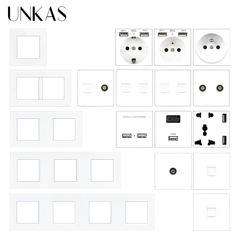 UNKAS Modules DIY Combination Free Matching French EU Socket USB Charger TV RJ12 Telephone RJ45 Computer Glass Panel Outlet
UNKAS Modules DIY Combination Free Matching French EU Socket USB Charger TV RJ12 Telephone RJ45 Computer Glass Panel Outlet