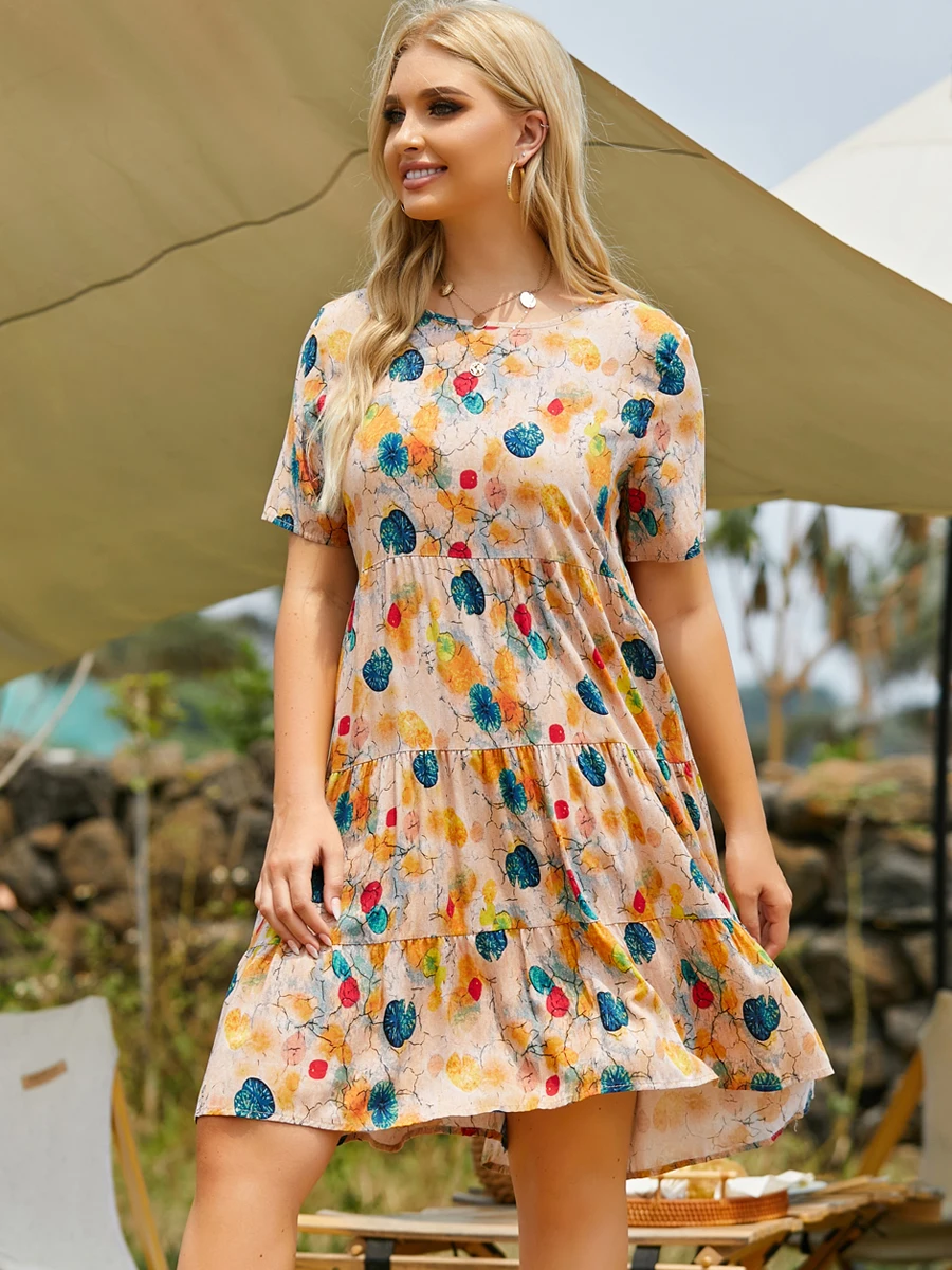 

2021 Summer Woman Dress Plus Size 4XL Female Short Sleeve Floral Print Casual Sundress Extra Big Size Short Mini Dresses