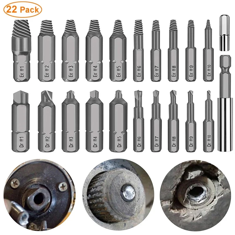 22Pcs Damaged Screw Extractor Drill Bits Guide Set HSS Broken Speed Bolt Out Easy Out Bolt Stud Stripped Screw Remover Tool Kits
22Pcs Damaged Screw Extractor Drill Bits Guide Set HSS Broken Speed Bolt Out Easy Out Bolt Stud Stripped Screw Remover Tool Kits