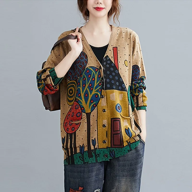 Women Autumn Cardigan Sweaters New 2020 Arts Style Vintage Print V-neck Loose Comfortable Female Knitted Cardigan Coats
Women Autumn Cardigan Sweaters New 2020 Arts Style Vintage Print V-neck Loose Comfortable Female Knitted Cardigan Coats
