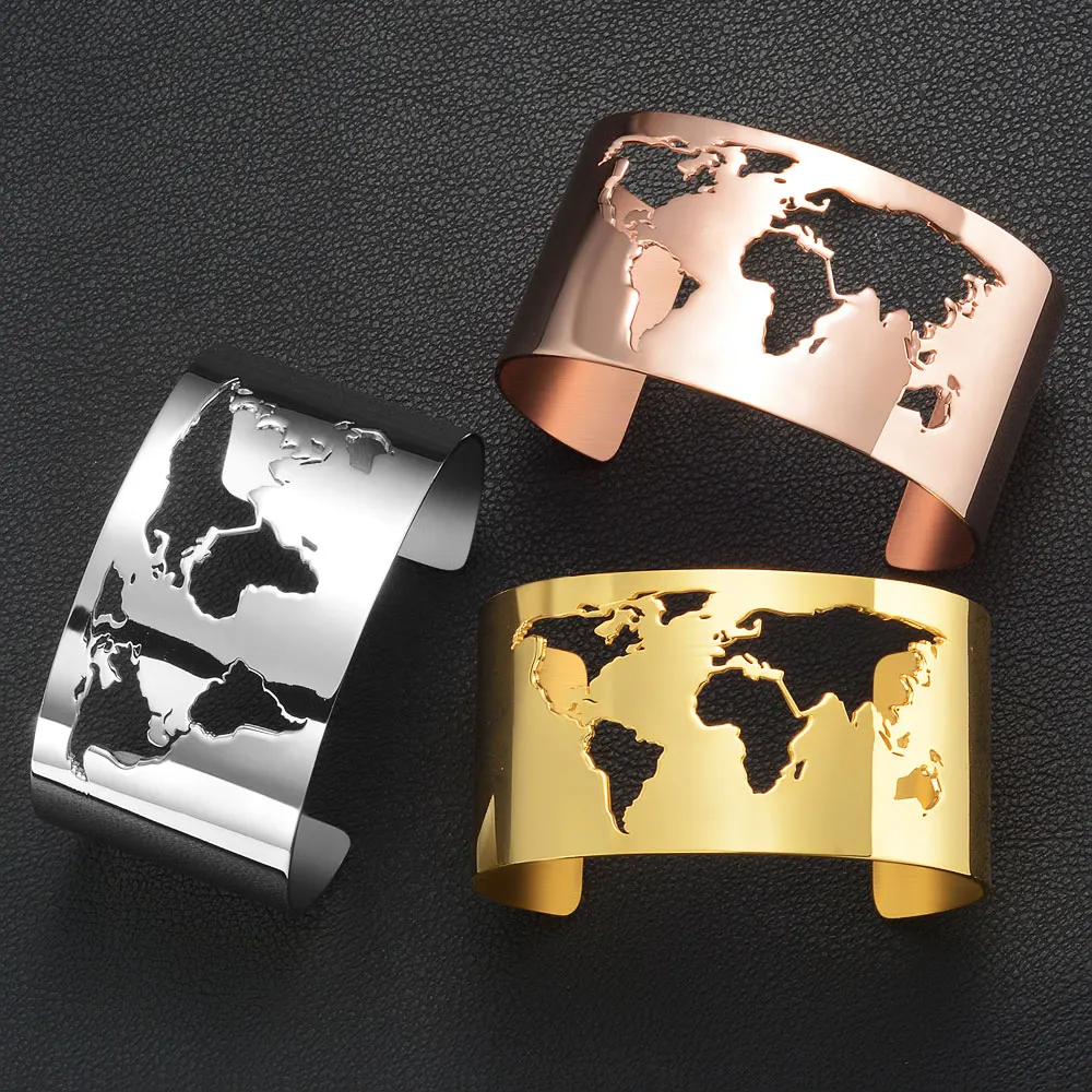 World Map Cut-Out Cuff Bangles Travel Peace Jewelry 35mm Wide Laser Engrave High Polished Stainless Steel Circle Angle Bracelets
World Map Cut-Out Cuff Bangles Travel Peace Jewelry 35mm Wide Laser Engrave High Polished Stainless Steel Circle Angle Bracelets