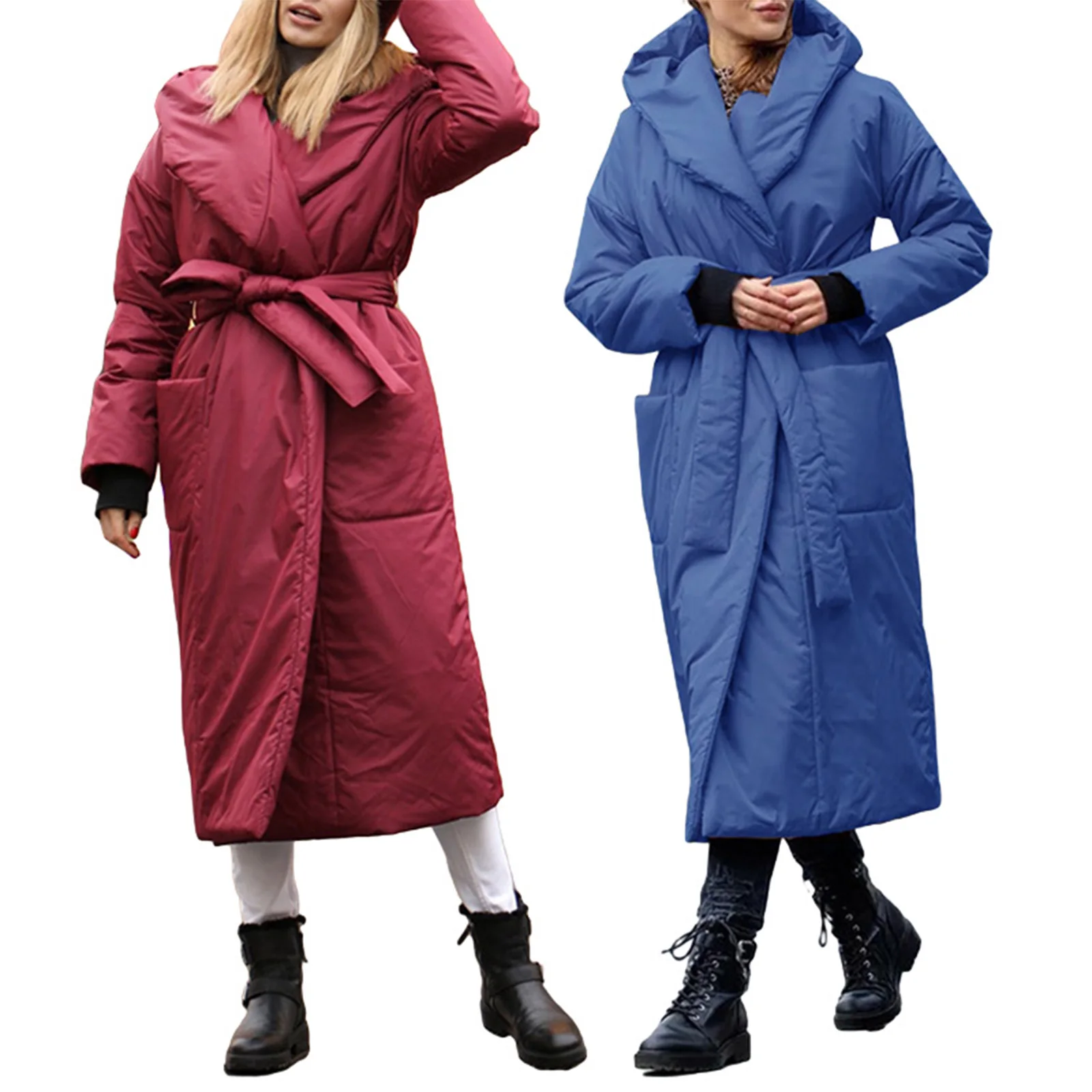 Female Long Coat, Solid Color Long Sleeve Hooded Cotton-Padded Jacket with Waist Belt for Winter, Blue/Wine Red
Female Long Coat, Solid Color Long Sleeve Hooded Cotton-Padded Jacket with Waist Belt for Winter, Blue/Wine Red
