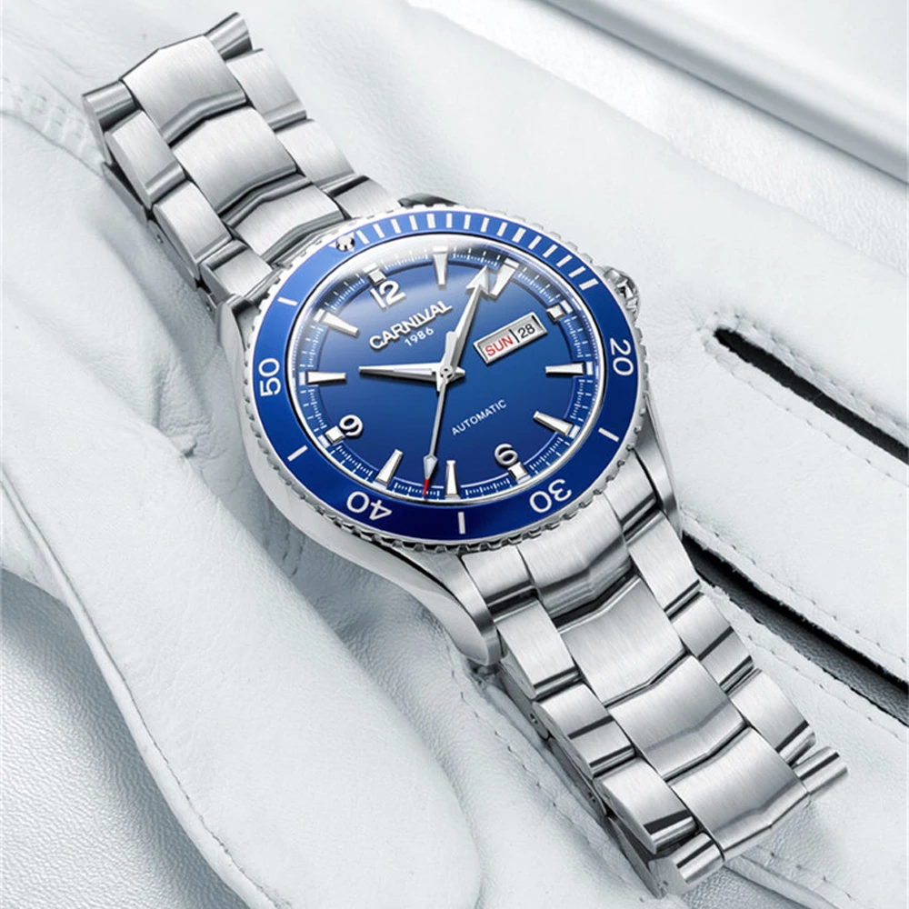 

CARNIVAL Top Automatic Mechanical Men Watches Luxury 316 Stainless Steel Sapphire Glass Waterproof Calendar Watch Blue Dial