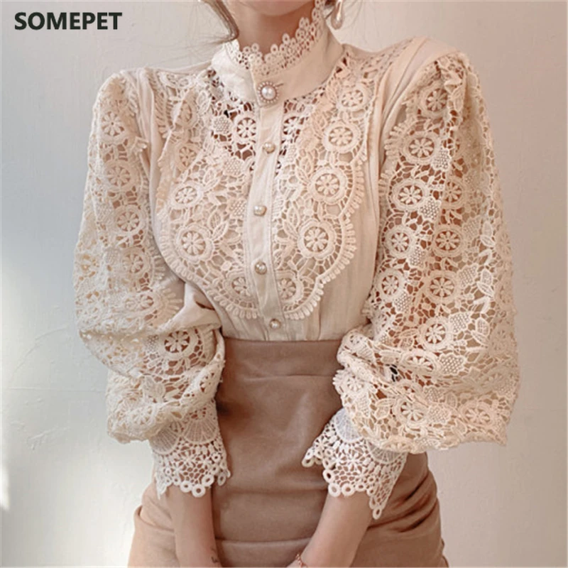 Women Lace Blouses Tops Spring Sweet New Stand Collar Exquisite Pearl Buttons Patchwork Shirts Elegant Floral Embroidery Chic
Women Lace Blouses Tops Spring Sweet New Stand Collar Exquisite Pearl Buttons Patchwork Shirts Elegant Floral Embroidery Chic
