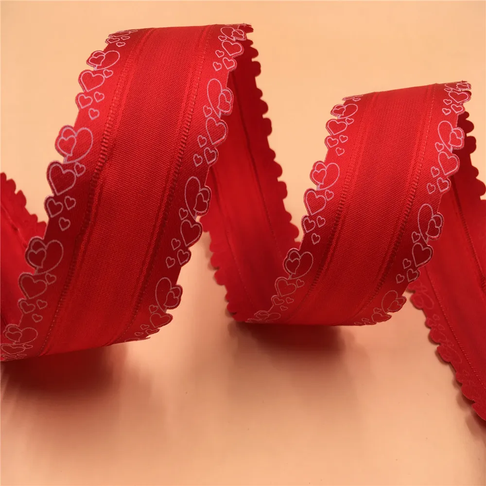 

38MM 25yards Wired Edge Red Ribbon Ultrasonic Die-cut Edges Heart Style for Festival Christmas Decoration New Year Gift Wrapping