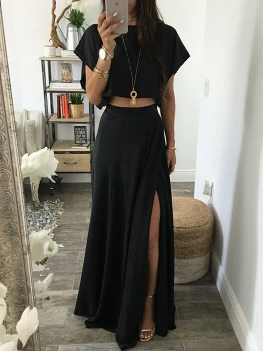 Black Casual T-shirt and Split Skirt Fashion Two Piece Set Women Pullover O-Neck Elastic Waist Womens Suit Lugentolo
Black Casual T-shirt and Split Skirt Fashion Two Piece Set Women Pullover O-Neck Elastic Waist Womens Suit Lugentolo