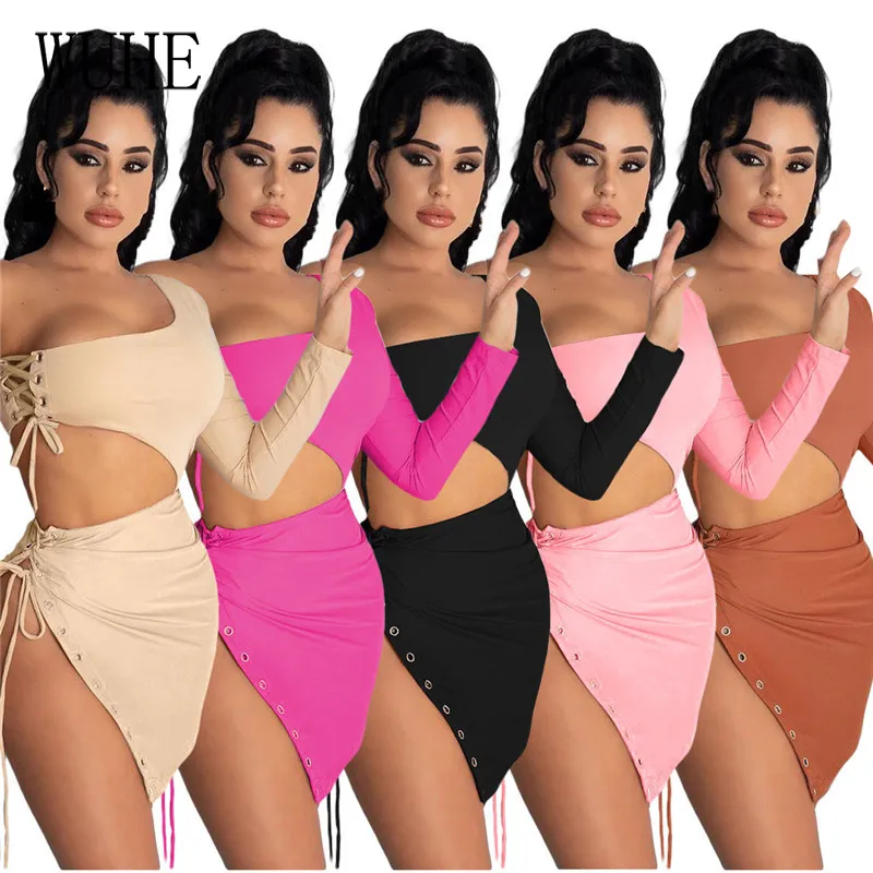 KEXU Eyelet Straps 2 Pieces Sets Hollow Out One Shoulder Long Sleeve Lace Up Top and Side Split Skinny Skirts Party Clubwear
KEXU Eyelet Straps 2 Pieces Sets Hollow Out One Shoulder Long Sleeve Lace Up Top and Side Split Skinny Skirts Party Clubwear