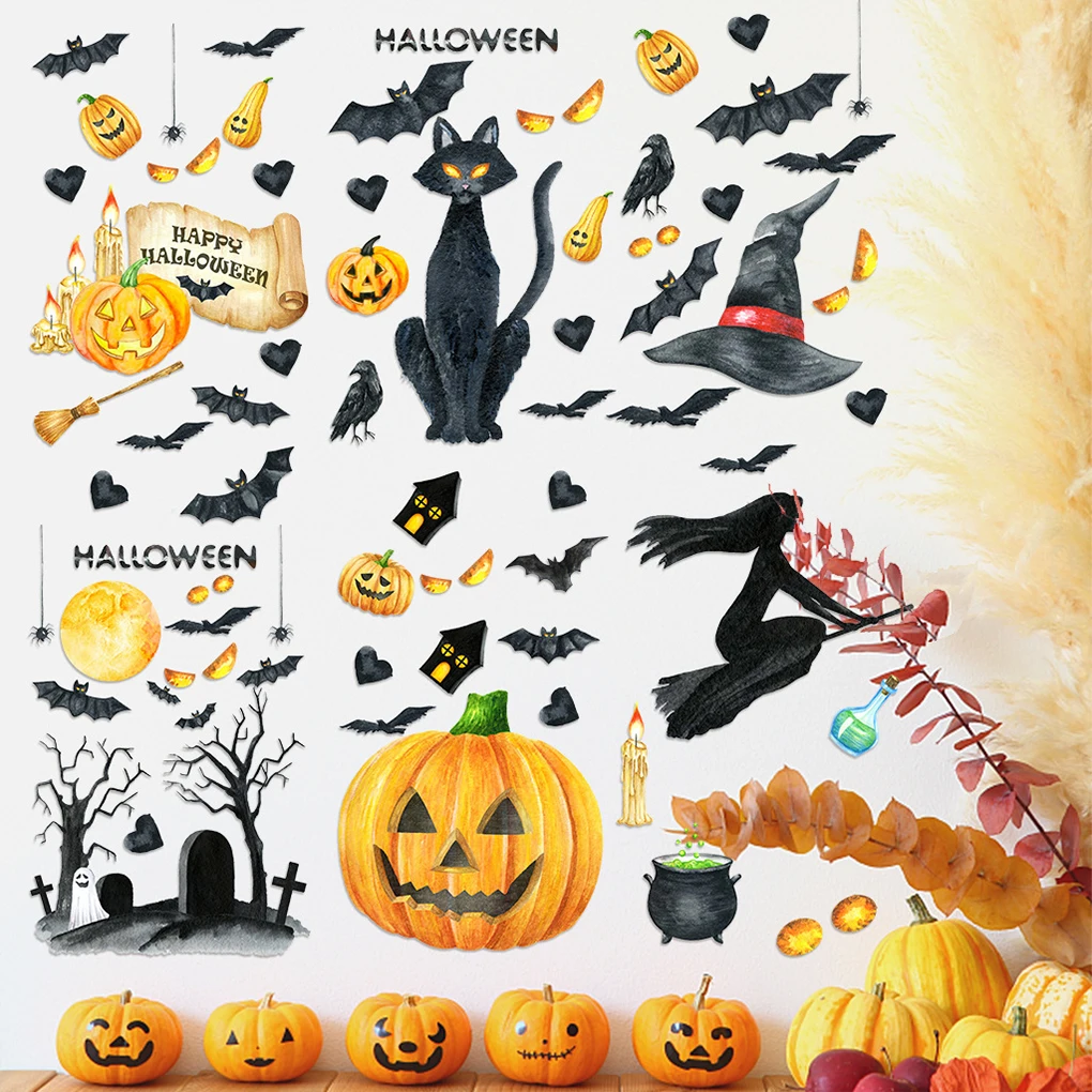 

6 Sheets Removable Halloween Decor Wall Stickers Horror Grim Reaper Witch Pumpkin Window Stickers Clings Reusable Mirror Decals