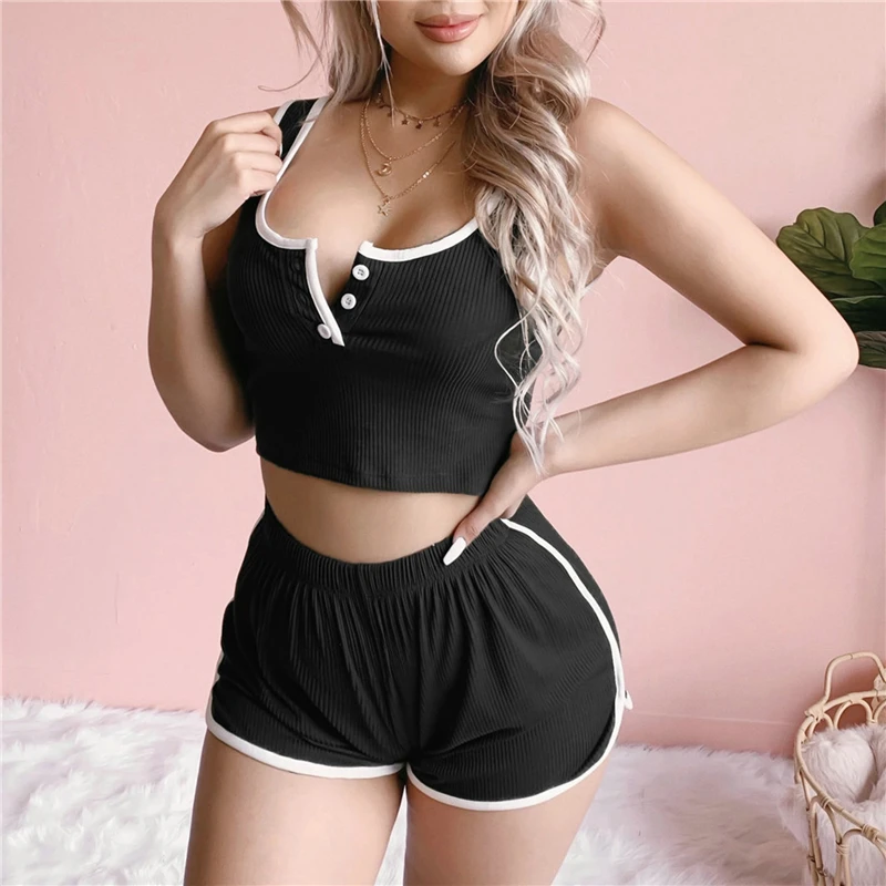 2 Piece Sets Tank Tops +Sports Shorts Summer Women Workout Cropped Sleeveless Camisole Tight High Waist Tracksuit Set |