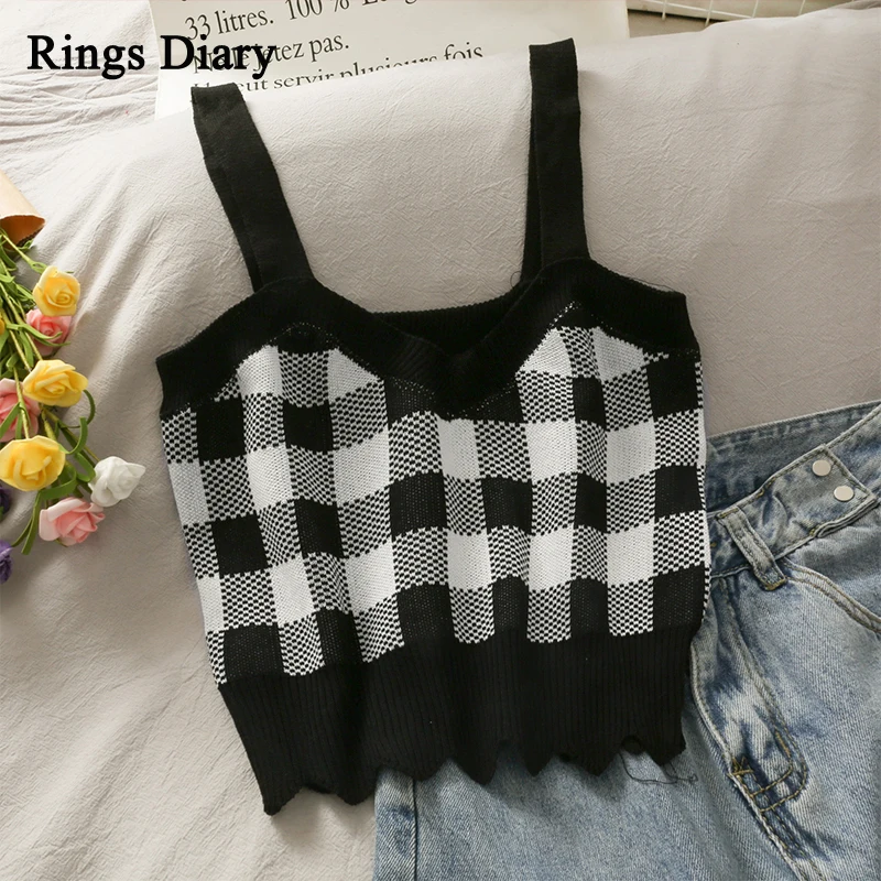 Rings Diary Women Knitting Strappy Crop Tops Check Pattern Scallop Edge Casual Plaid Camisole Elegant Going Out Tops For Women 
Rings Diary Women Knitting Strappy Crop Tops Check Pattern Scallop Edge Casual Plaid Camisole Elegant Going Out Tops For Women