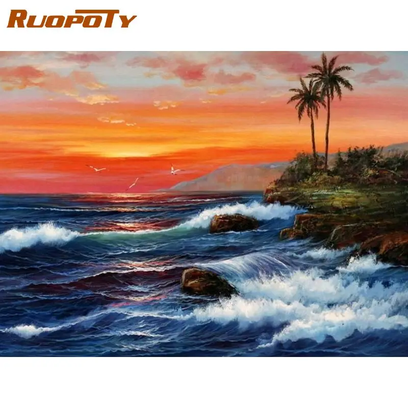 

RUOPOTY Acrylic Frame Diy Painting By Numbers Kits Sunset Seaside Picture Wall Art Handpainted Oil Painting For Home Decors Artw