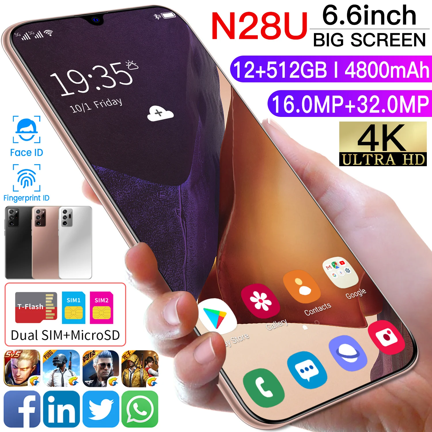 Global Version 6.6Inch N28U 4G SmartPhone 4800mAh 12+512GB Android10 Cellphone Dual SIM with Face Unlock Full Screen Mobilephone
Global Version 6.6Inch N28U 4G SmartPhone 4800mAh 12+512GB Android10 Cellphone Dual SIM with Face Unlock Full Screen Mobilephone