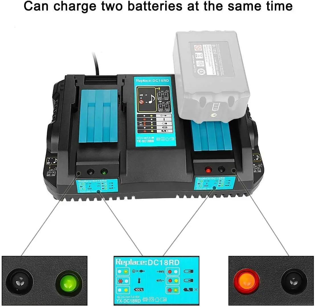 Double Battery Charger For Makita 4A Charging Current 14.4V 18V BL1830 BL1815 Bl1430 BL1420 DC18RC DC18RD DC18RA Power Tool
Double Battery Charger For Makita 4A Charging Current 14.4V 18V BL1830 BL1815 Bl1430 BL1420 DC18RC DC18RD DC18RA Power Tool