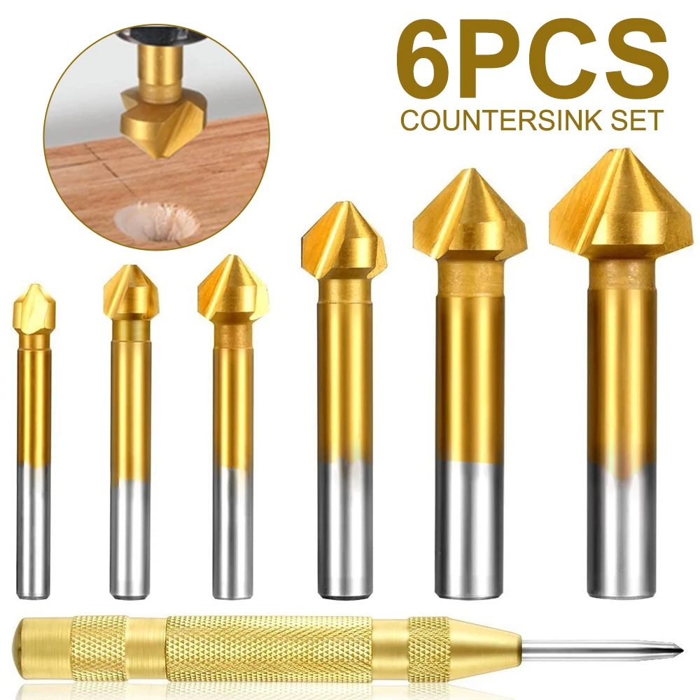 6Pcs Countersink Drill Bit Set 3 Flute Chamfering Bit Mill Cutter Round Shank Wood Deburring Drill Bit with Center Drill Punch
6Pcs Countersink Drill Bit Set 3 Flute Chamfering Bit Mill Cutter Round Shank Wood Deburring Drill Bit with Center Drill Punch
